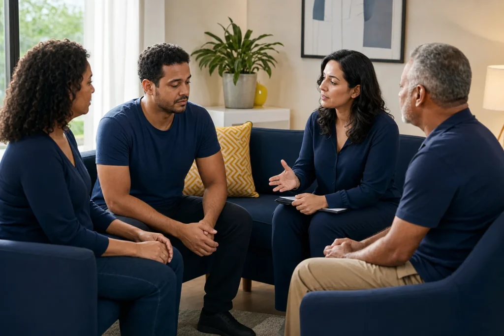 Família e profissional conversam com adulto sobre aceitar tratamento