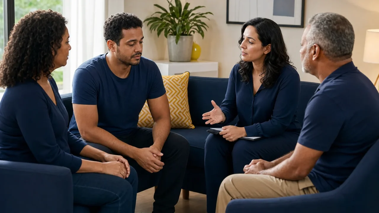 Família e profissional conversam com adulto sobre aceitar tratamento