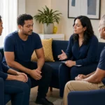 Família e profissional conversam com adulto sobre aceitar tratamento