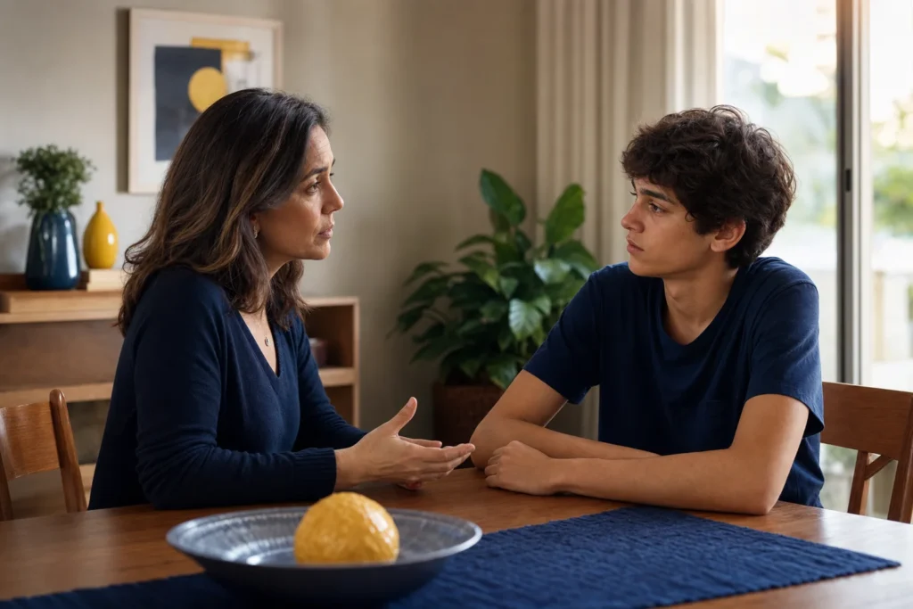Mãe conversa com o filho adolescente com calma e preocupação