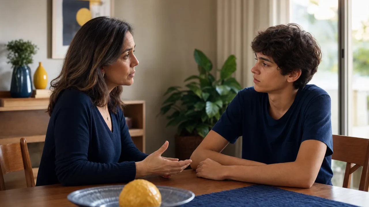Mãe conversa com o filho adolescente com calma e preocupação