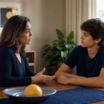 Mãe conversa com o filho adolescente com calma e preocupação