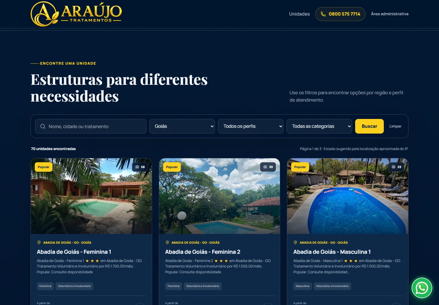Catálogo nacional de clínicas com filtros, fotos das unidades e valores de mensalidade