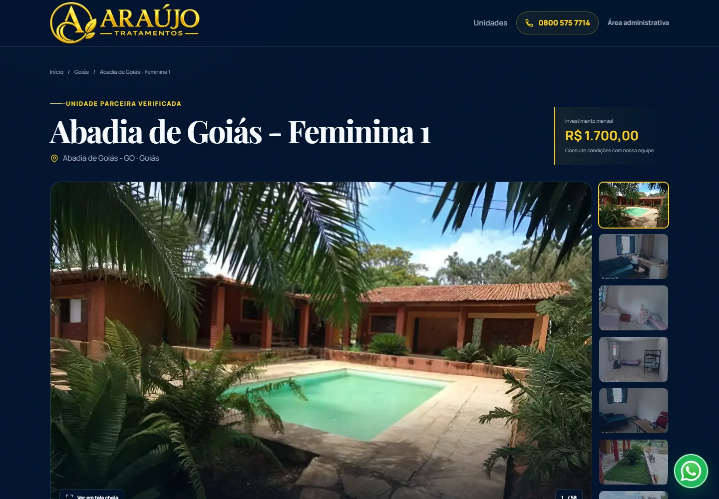 Página de uma clínica com galeria de fotos, localização e valor de mensalidade